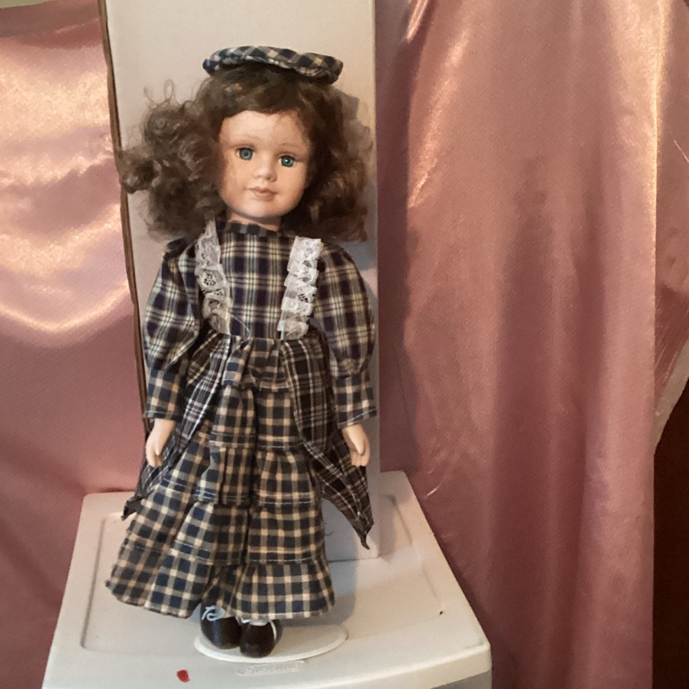 Classic Plaid Porcelain Doll with Hat